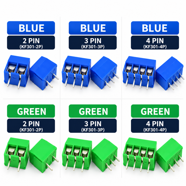 KF301 5.08mm PCB Screw Terminal Block – 2/3/4 Pin (Blue & Green)