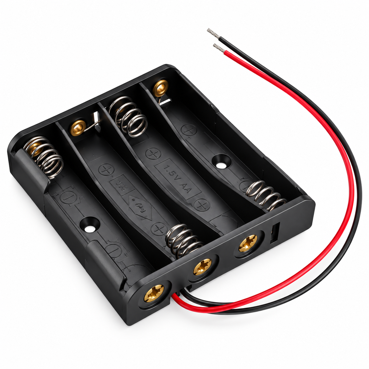 4-Slot AA Battery Holder with Wire Leads – 6V (Series Connection, No Cover)