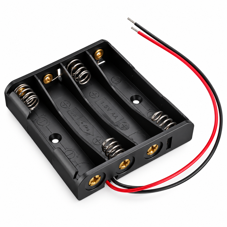 4-Slot AA Battery Holder with Wire Leads – 6V (Series Connection, No Cover)