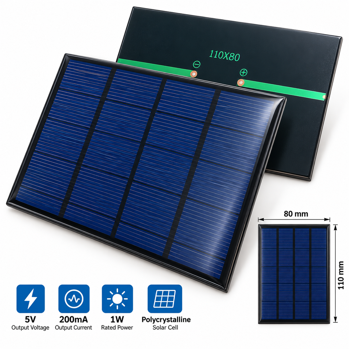 5V 200mA Polycrystalline Solar Panel – 110×80mm (1W)