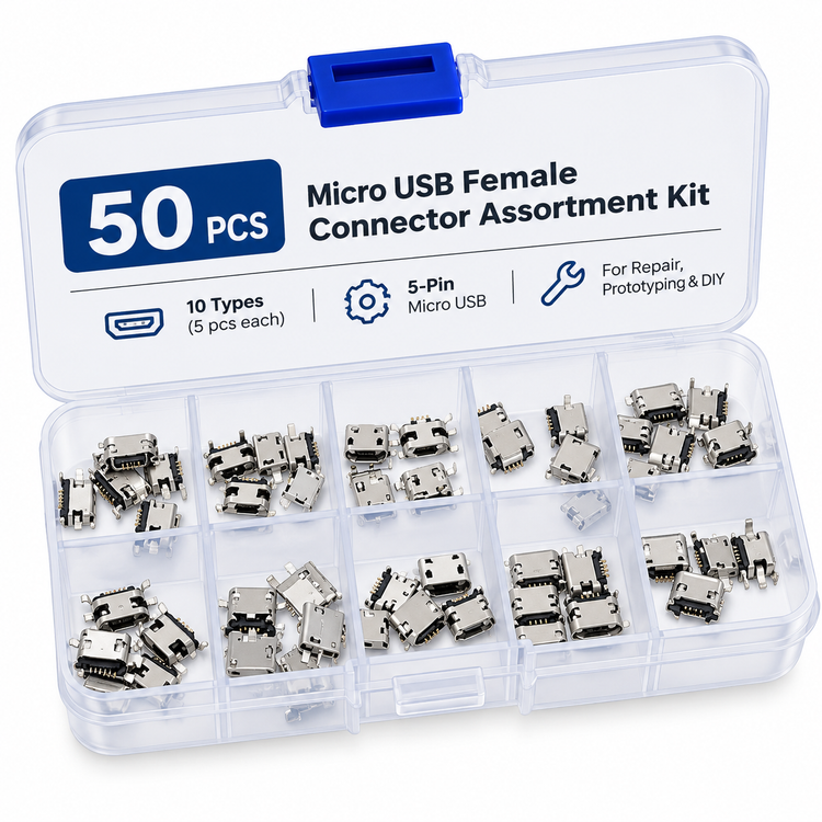 50-Piece Micro USB Female Connector Assortment Kit – 10 Types
