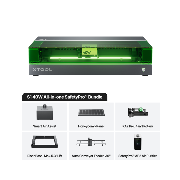 xTool S1 40W Enclosed Diode Laser Cutter – All-in-One SafetyPro™ Bundle